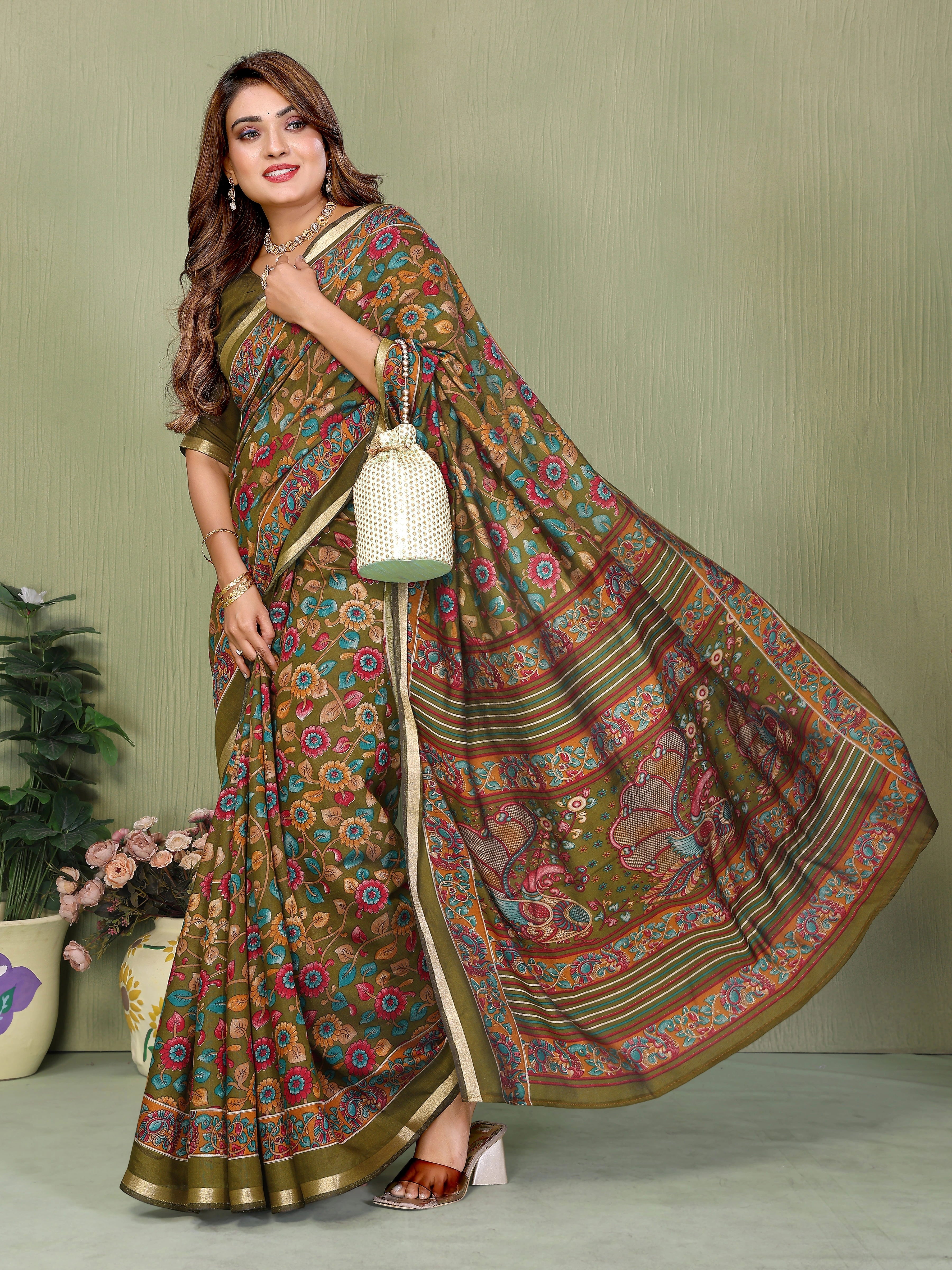 Mehendi Kalamkari Print Mul Cotton Saree – Kalyanja